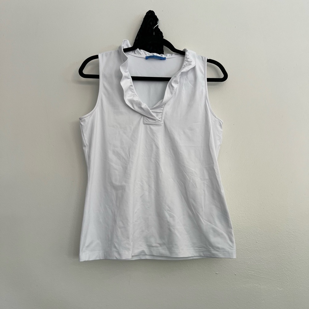 J. McLaughlin White Ruffle V-Neck Sleeveless Tank